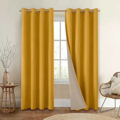 HOMEIDEAS 100% Blackout Mustard Yellow Linen 52'' X 84'' Curtains 2 Panels