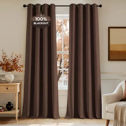 HOMEIDEAS 100% Blackout Brown Linen Curtains 52W x 84L 2 Panels