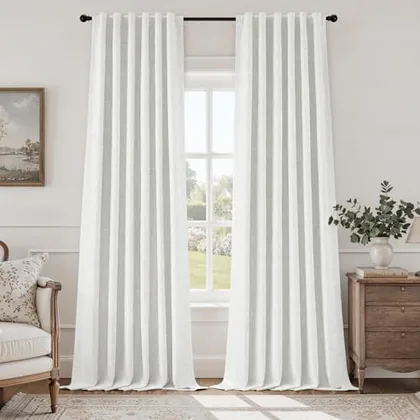 HOMEIDEAS 100% Blackout Ivory White Faux Linen Curtains 96''L 2 Panels
