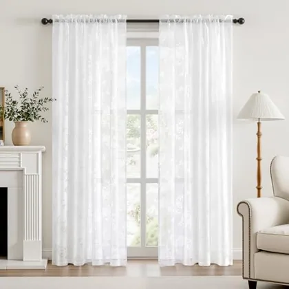 HOMEIDEAS Floral White Sheer Curtains