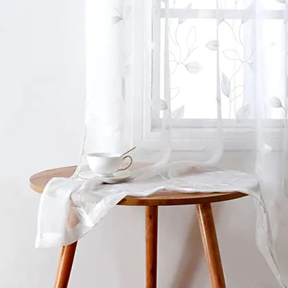 HOMEIDEAS White Sheer Curtains Leaf Embroidered