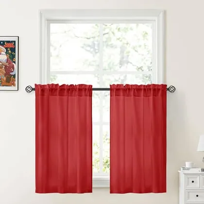 HOMEIDEAS Non-See-Through Red Privacy Sheer Kitchen Curtains
