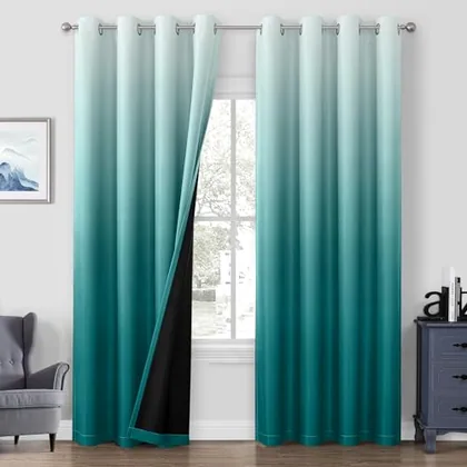 HOMEIDEAS Ombre 100% Blackout Teal Curtains 52W x 84L 2 Panels