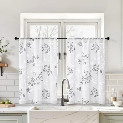 HOMEIDEAS White and Grey Kitchen Curtains