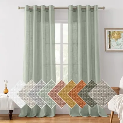 HOMEIDEAS Sage Green Linen Textured Sheer Curtains