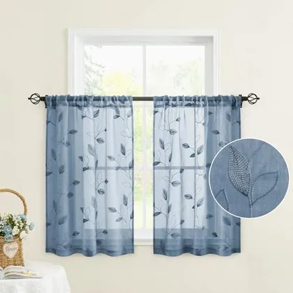 HOMEIDEAS Stone Blue Kitchen Tier Curtains Leaf Embroidered
