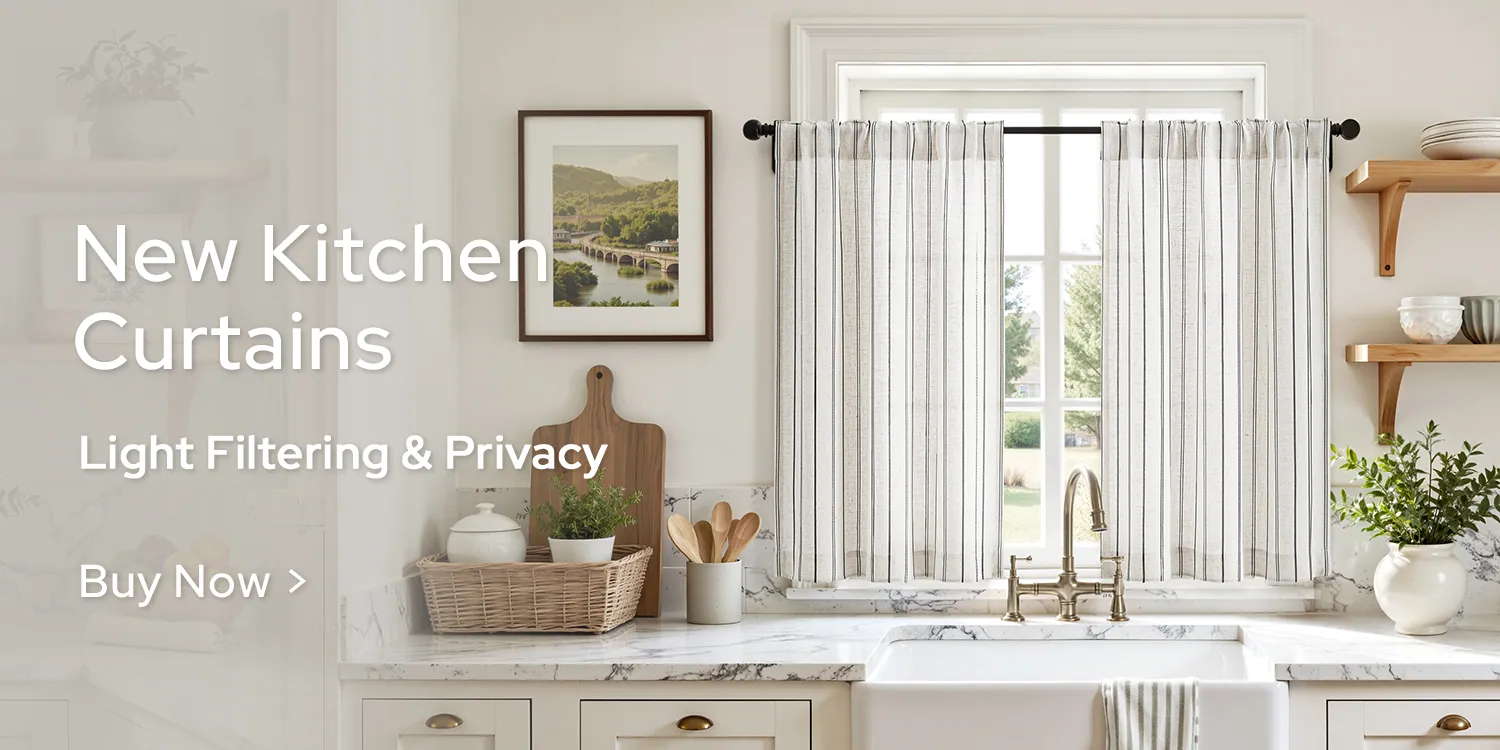 Light-filtering kitchen curtains above a counter and open shelves