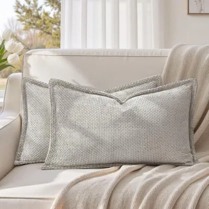 HOMEIDEAS Woven Beige Chenille Farmhouse Pillow Covers 20x12 Set of 2