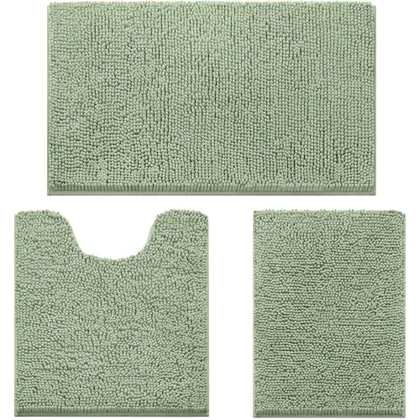 HOMEIDEAS Sage Green Chenille Bathroom Rugs Set of 3
