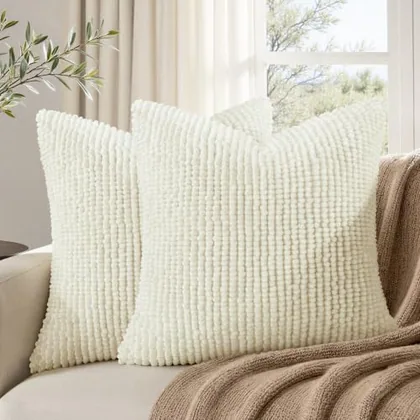 HOMEIDEAS Ivory Cream Textured Chenille Pillow Covers 18x18 Set of 2