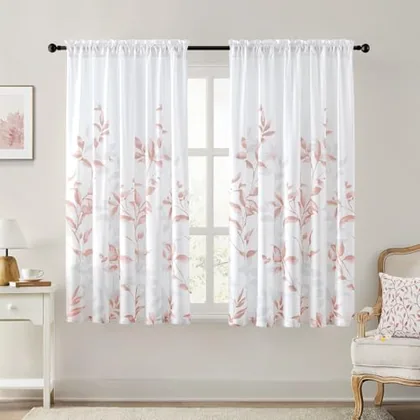 HOMEIDEAS Non-See-Through Pink and White Privacy Sheer Curtains