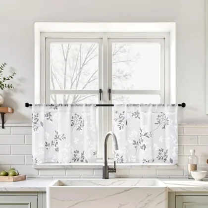 HOMEIDEAS White and Grey Kitchen Curtains