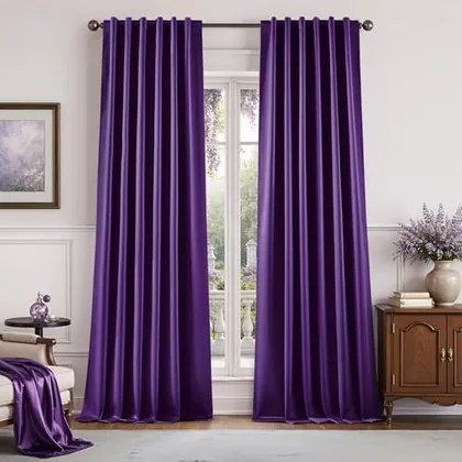 HOMEIDEAS 100% Blackout Faux Silk Purple Curtains 52W x 96L 2 Panels
