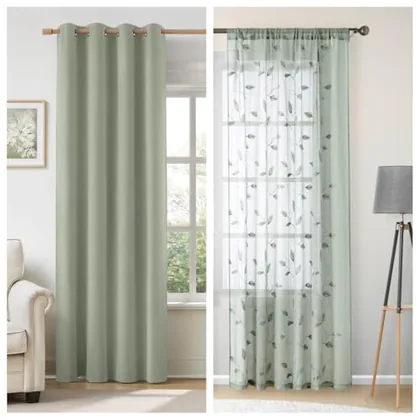 HOMEIDEAS Sage Green Linen Blackout Curtains and Sage Green Sheer Curtains