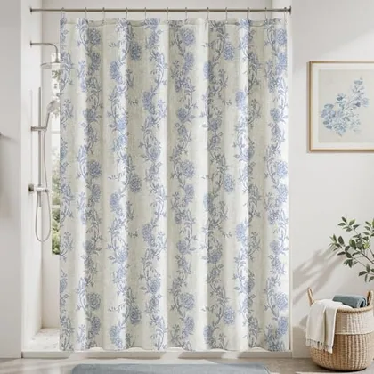 HOMEIDEAS Blue and White Floral Shower Curtain 72x78 Inch