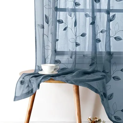 HOMEIDEAS Stone Blue Sheer Curtains Floral Embroidered