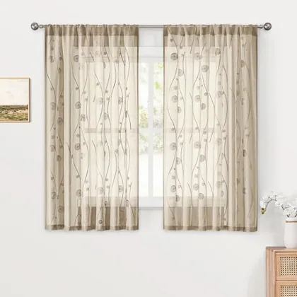 HOMEIDEAS Taupe Sheer Kitchen Curtains 52 x 54 Inch Length 2 Panels Beige