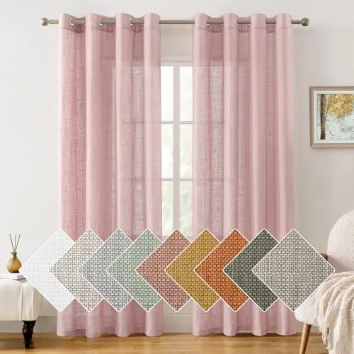 HOMEIDEAS Pink Linen Textured Sheer Curtains