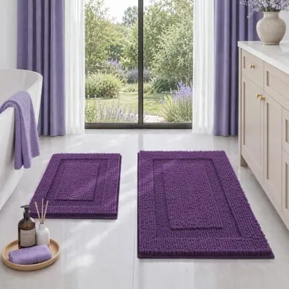 HOMEIDEAS Chenille Purple Bathroom Rugs Sets 2 Piece 17 in x 24 in + 20 in x