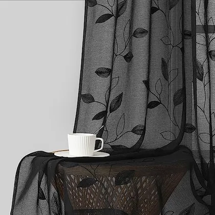 HOMEIDEAS Black Sheer Curtains Leaf Embroidered