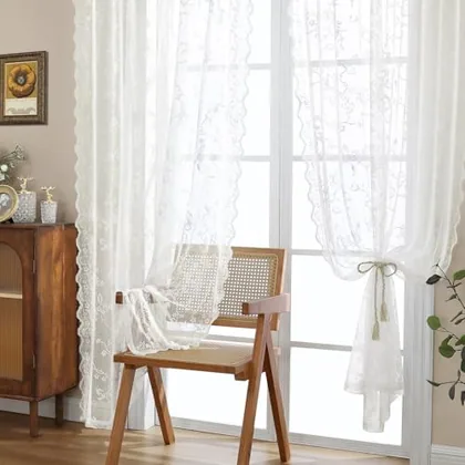HOMEIDEAS Ivory Vintage Sheer Lace Curtains for Bedroom 63 Inch Length
