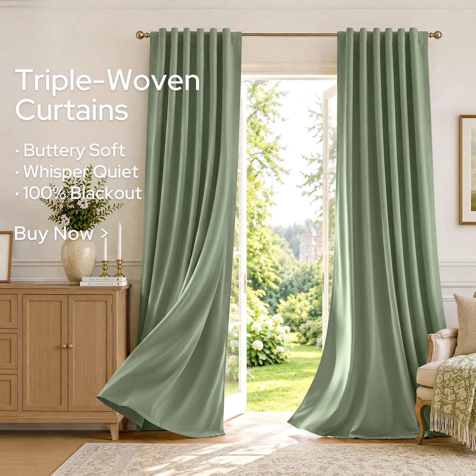 Triple-woven sage curtains beside an oak dresser, lit from the window