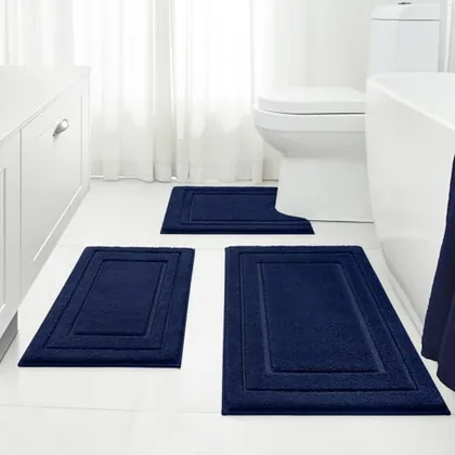 HOMEIDEAS Navy Blue Bathroom Rugs Set of 3