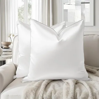 HOMEIDEAS Faux Silk White Decorative Pillow Covers 20x20 Set of 2
