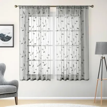 HOMEIDEAS Grey/Gray Sheer Kitchen Curtains 52 x 54 Inch Length 2 Panels