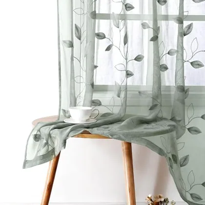 HOMEIDEAS Sage Green Sheer Curtains Leaf Embroidered