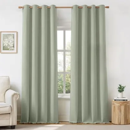 HOMEIDEAS 100% Blackout Sage Green Linen Curtains 52W x 96L 2 Panels