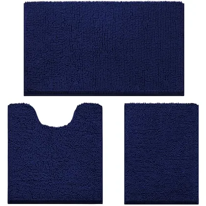 HOMEIDEAS Navy Blue Chenille Bathroom Rugs Set of 3