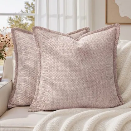 HOMEIDEAS Woven Pink Chenille Farmhouse Pillow Covers 24x24 Set of 2