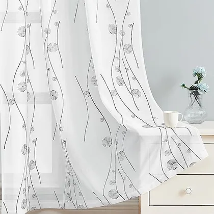 HOMEIDEAS Grey and White Sheer Curtains 52 X 96 Inches Length 2 Panels