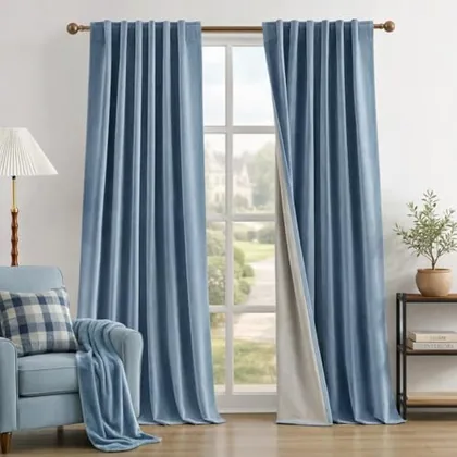 HOMEIDEAS 100% Polyester Blackout Curtains for Bedroom Stone Blue Curtains