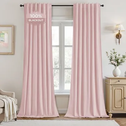 HOMEIDEAS 100% Blackout Velvet Curtains Pink 96'' 2 Panels for Bedroom