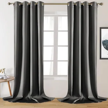 HOMEIDEAS Faux Silk Dark Grey Blackout Curtains 52W x 108L 2 Panels