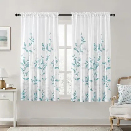 HOMEIDEAS Non-See-Through Teal and White Privacy Sheer Curtains