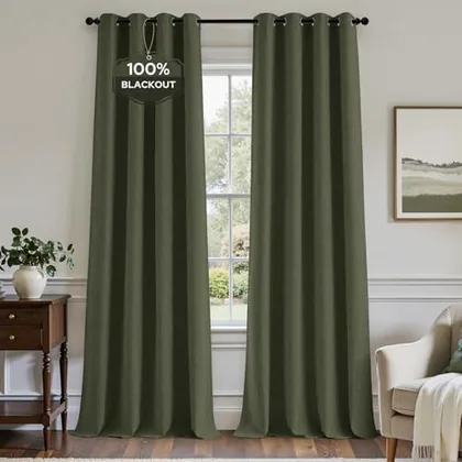 HOMEIDEAS 100% Blackout Olive Green Linen Curtains 52W x 84L 2 Panels