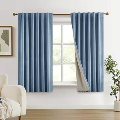 HOMEIDEAS 100% Chenille Blackout Curtains for Bedroom Stone Blue Curtains 63