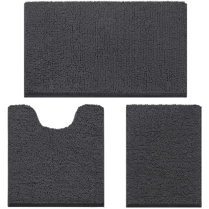 HOMEIDEAS Dark Grey Chenille Bathroom Rugs Set of 3