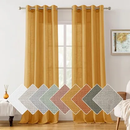 HOMEIDEAS Yellow Linen Textured Sheer Curtains