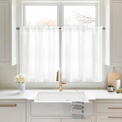 HOMEIDEAS Non-See-Through White Sheer Kitchen Curtains