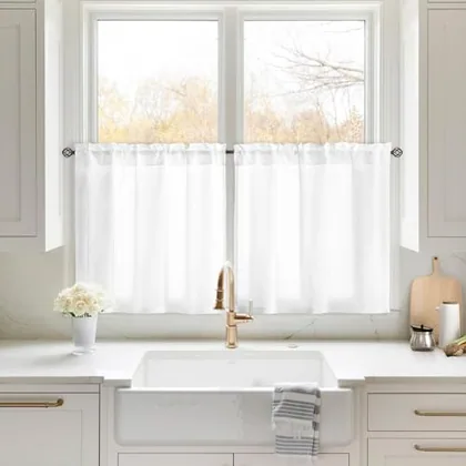 HOMEIDEAS Non-See-Through White Privacy Sheer Kitchen Curtains 30 X 24
