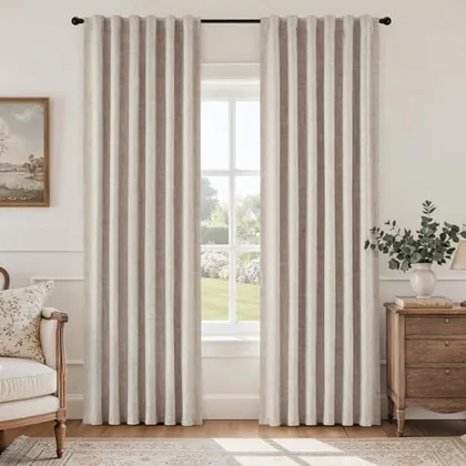HOMEIDEAS 100% Blackout Beige Faux Linen Curtains 63''L 2 Panels