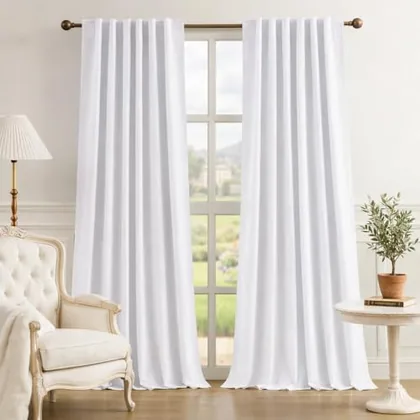 HOMEIDEAS 100% Chenille Blackout Curtains for Bedroom White Curtains 96 Inch