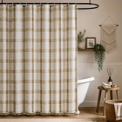 HOMEIDEAS Beige Plaid Boho Shower Curtain