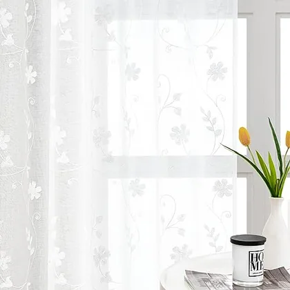 HOMEIDEAS White Sheer Curtains 84 Inches Long 2 Panels White Embroidered