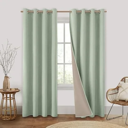 HOMEIDEAS 100% Blackout Sage Green Faux Linen 52'' X 84'' Curtains 2 Panels