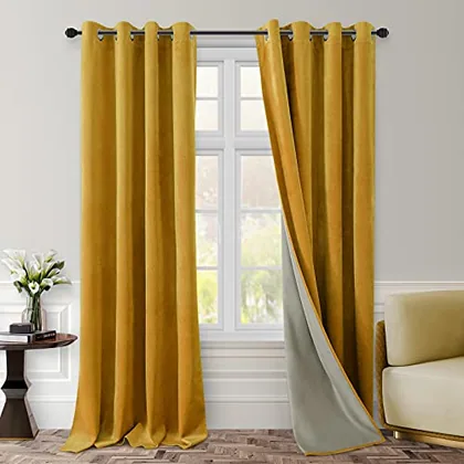 HOMEIDEAS Mustard Yellow 100% Blackout Velvet Curtains